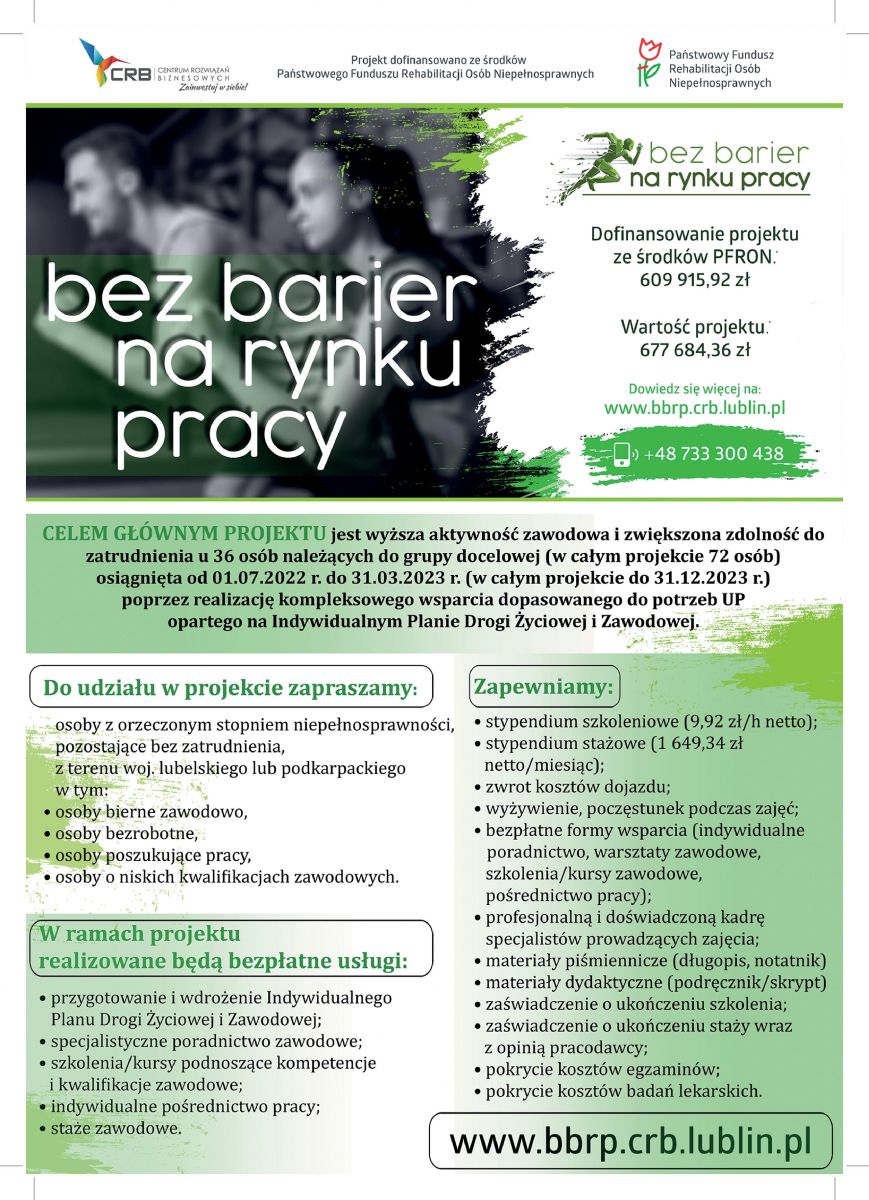 Plakat informujący o Projekcie "Bez barier na rynku pracy" o szkoleniach dla osób wykluczonych